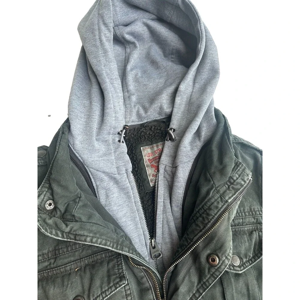 Levi Strauss & Co Mens Hooded Lined Military Jacket Full Zip Snap XS olive Green